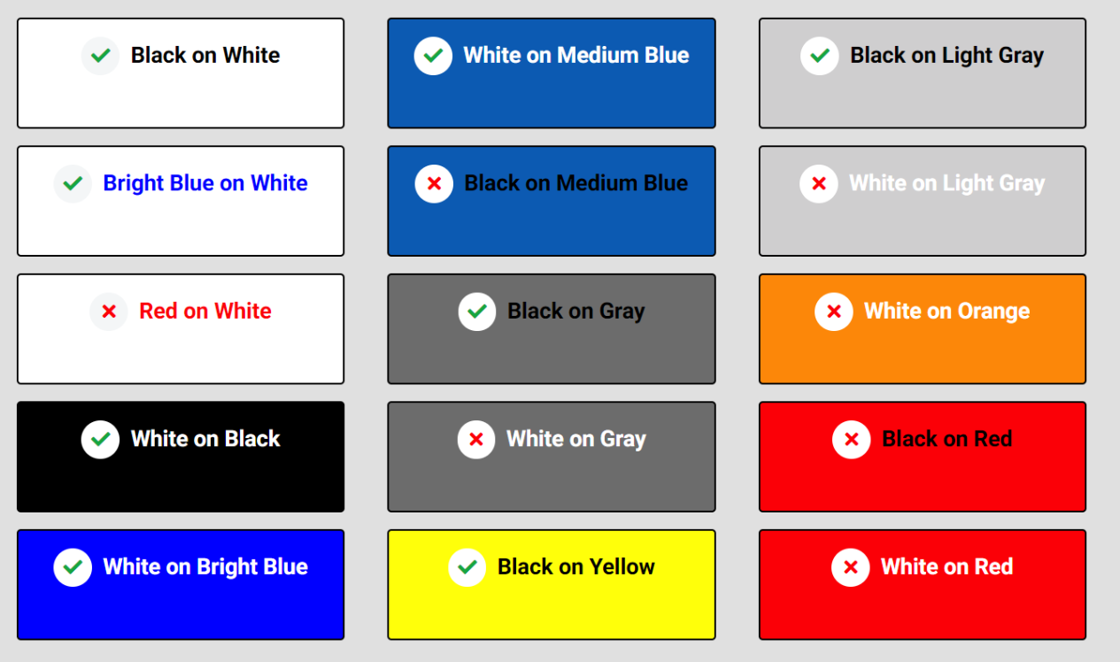 These are examples of the use of color in some activities and resources, indicating accessible and inaccessible contrast.