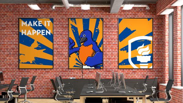 Image of a brick office with a poster of the mascot Blue. 