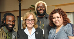 Tyrone Watson, an undergraduate student with the college’s Harry Van Arsdale Jr. Center for Labor Studies, and O. Richards and Kristen LaBoy, undergraduate students learning with the college in Metropolitan New York City, took time to get to know Cristy Dwyer ’08, ’10 and ’12 after her keynote address.