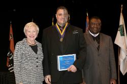 Chancellor Nancy Zimpher, at left, with Eric Schultz, a 2016 Chancellor’s Award for Student Excellence recipient, and SUNY Empire State College Provost Alfred Ntoko at the presentation ceremony, which was held in Albany. Photo/SUNY