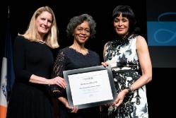 President Merodie Hancock stands to the left of Nell Braxton Gibson '82 and Fay Wattleton. Hancock and Wattleton presented Gibson with the 2016 Distinguished Alumni Award at the college's fifth annual celebration of black history. Photo/Marty Heitner '92