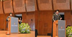 Student speakers Marissa Ibáñez and Jon-Marc McDonald at the Manhattan commencement event.