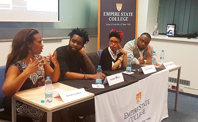 Panelists and artists, left to right, Juwana Jenkins, Bendjhi Villiers, Tonya Graves and Johnny Youngblood at the Black History Month celebration in Prague, the Czech Republic. The event, “Black Music 101,” was presented by the U.S. Embassy’s American Center, in cooperation with the college.