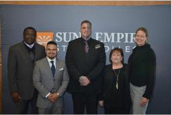 Provost Ntoko, Jaime Lopez, Eric Schultz, Kim Russell and President Hancock at a lunch honoring the 2016 Chancellor's Award for Student Excellence recipients.