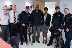 Left to right are Professors Albert Castello, David Gechlik, Officer Vincent Tieniber and his K-9-partner Champ, Sgt. Randy Brenner and his K-9-partner Shaunie and Lt. John Pappas. Photo/Michael Bailey