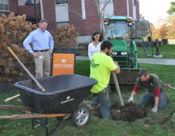 Operations Director Rick Reimann, standing at left, and Sadie Ross, director of environmental sustainability, look on as employees of Grasshopper Gardens, Inc. plant a white oak on the lawn of 2 Union Ave., as part of the college’s donation to Sustainable Saratoga’s centennial trees program.