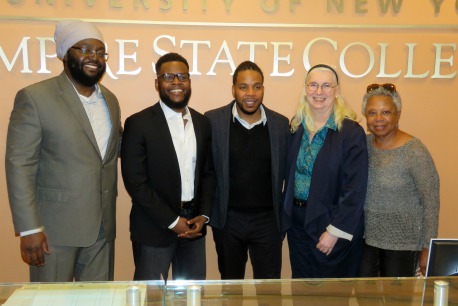 Image caption: Left to right are student Omar Richards, presenters Jean McGianni Celestin and Brian Favors, Dean Cynthia Ward and alumna Melba Tolliver ’98. Photo/David Fullard