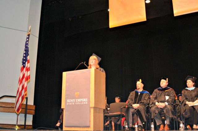 Student speaker Pamela Witter shares her remarks with the class of 2017 at the Buffalo commencement event.