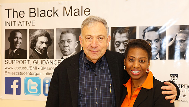 Professor Jim Wunsch, at left, with Margaret Blair '17 at the college's Manhattan location.