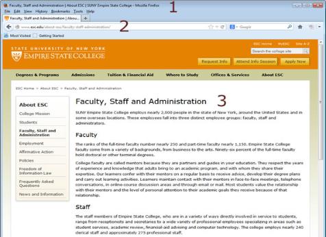 Example: Screenshot showing how the title bar, page title and Web address (URL) are related